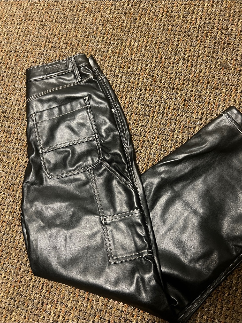 Blank NYC Black Faux Leather Pants with Contrast Stitching and cargo pants style